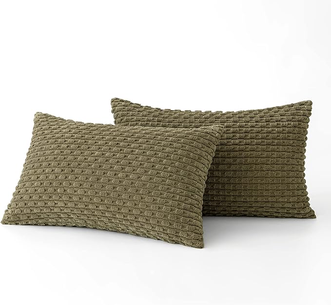 MIULEE Pack of 2 Decorative Lumbar Throw Pillow Covers 12x20 Inch Soft Boho Striped Textured Corduroy Pillow Covers Modern Farmhouse Home Decor for Couch Bed Sofa Living Room Olive Green