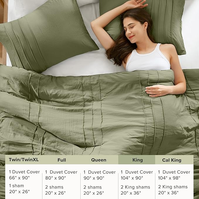 Comfort Spaces Olive Green King Size Duvet Cover Set - 3-pc Pintuck Pleated Duvet Cover & Shams, King, All Season Lightweight, Extra Softness Pre-Washed Microfiber