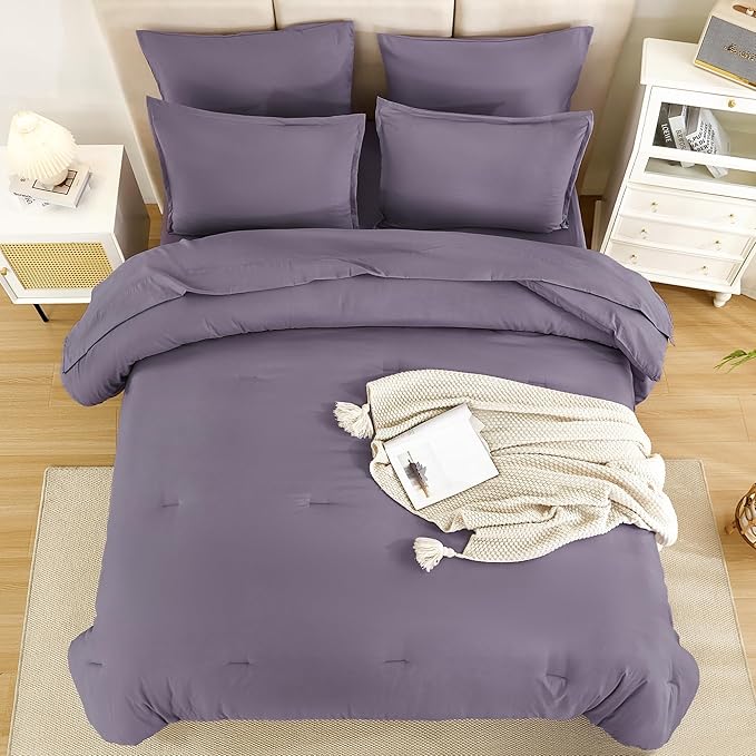 Litanika California King Comforter Set Grey Purple - 7 Pieces Bed in a Bag Cal King Bedding Comforter Sets, Plain Lightweight Bed Set with Comforter, Sheets, Pillowcases & Shams