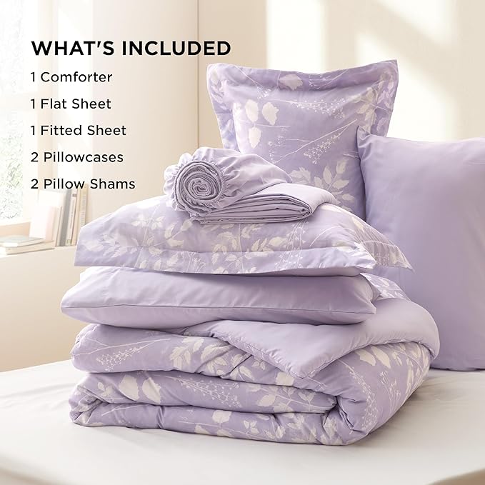 Bedsure Queen Comforter Set - 7 Pieces Floral Lavender Soft Bedding Sets, Queen Bed in a Bag with Botanical Flowers Comforter, Sheets, Pillowcases & Shams