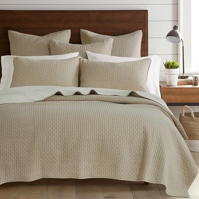 Levtex Home Cross Stitch Reversible King/Cal King Quilt Set (106x92in) and 2 Pillow Shams (36x20in) - Stitch Texture - Taupe - Cotton King Size Quilt Bedding Set - Lightweight Soft Pre-Washed