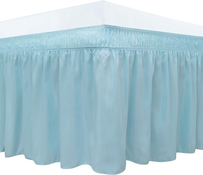 Wrap Around Bed Skirts Elastic Dust Ruffles, Easy Fit Wrinkle and Fade Resistant Silky Microfiber Fabric Solid Color Bedskirt, 12 Inch Tailored Drop Light Blue for Twin XL Size Bed Skirt
