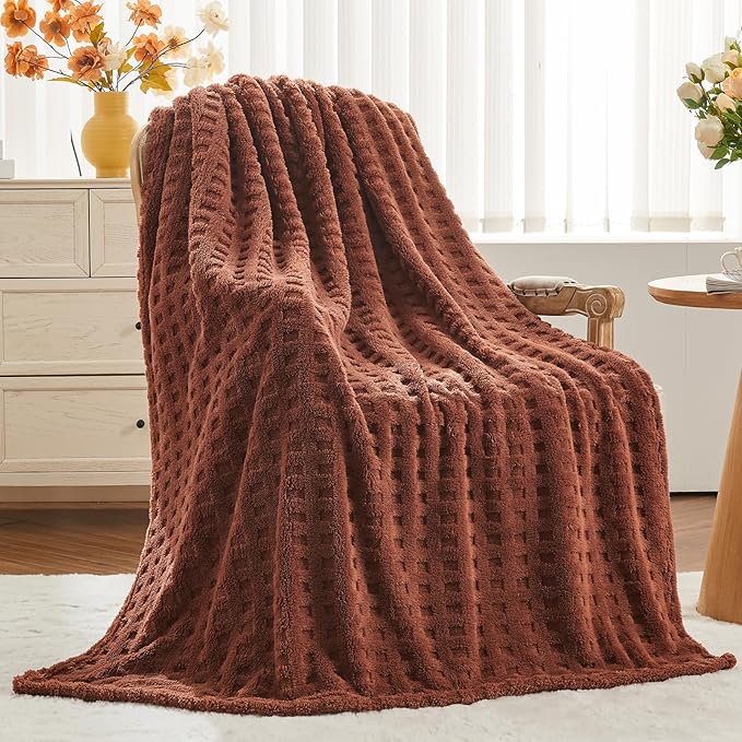 NEWCOSPLAY Super Soft Queen Blanket Coffee Premium Silky Flannel Fleece 3D Waffle Checkered Lightweight Bed Blanket All Season Use (Coffee, Queen(90"x90"))