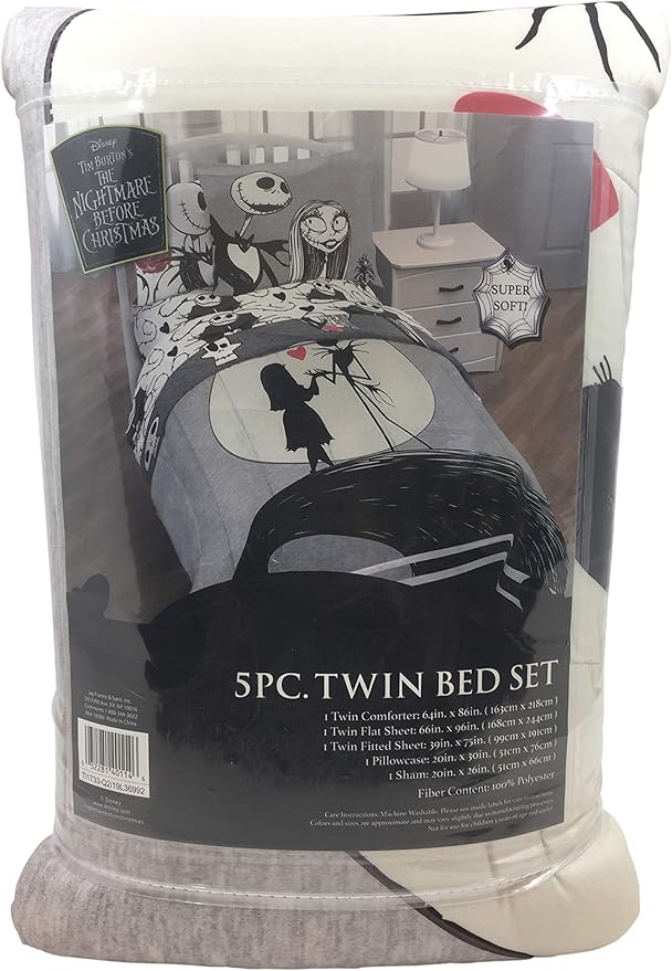 Jay Franco Disney Nightmare Before Christmas Moonlight 5 Piece Twin Bed Set - Includes Reversible Comforter & Sheet Set - Features Jack Skellington and Sally - Super Soft Microfiber