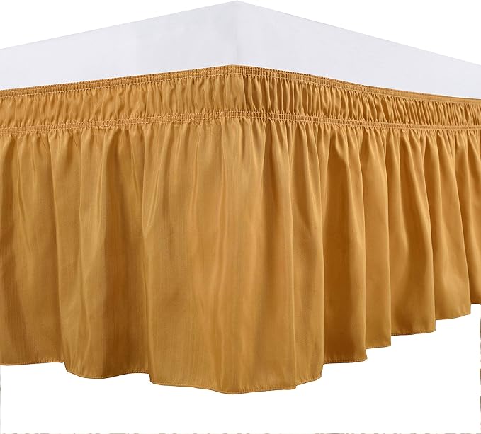 Wrap Around Bed Skirts Elastic Dust Ruffles, Easy Fit Wrinkle and Fade Resistant Silky Microfiber Fabric Solid Color Bedskirt, 12 Inch Tailored Drop Gold for Cal King Size Bed Skirt