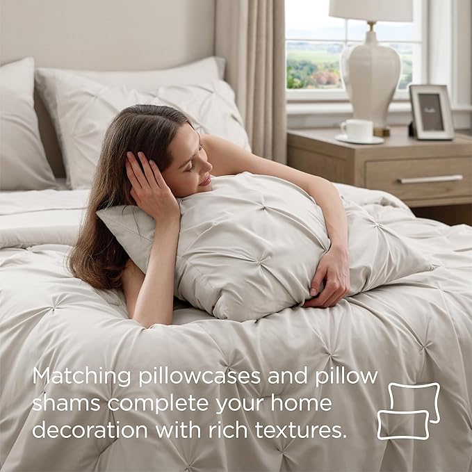 Bedsure Twin Comforter Set Linen - Bed in a Bag Twin Size Bedding 5 Pieces, GentleSoft™ Pintuck Bed Set Gift for Family, Pinch Pleat All Season Comforter with Sheets, Pillowcases & Shams