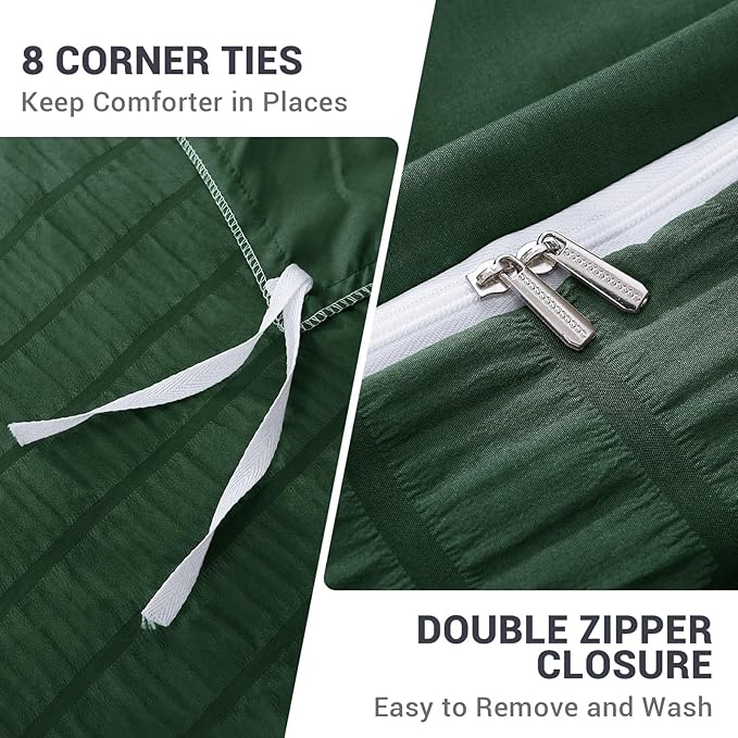 HYMOKEGE Dark Green Duvet Cover Full Size, Ultra Soft 3-Piece Seersucker Duvet Cover Set with Zipper Closure, Soft Brushed Microfiber Bedding Set with 8 Corner Ties (80"x90", 2 Pillowshams)