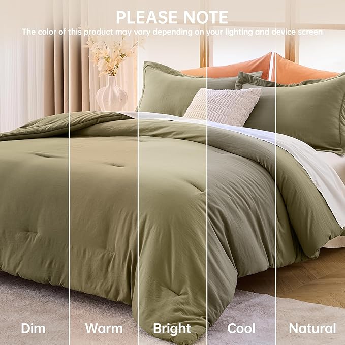 MUXHOMO Full Comforter Set, All Season Ultra Soft Down Alternative Bedding - 3 Piece Lightweight Bed Set Includes 1 Comforter (82"x86") and 2 Pillow Shams (20"x26"), Olive Green