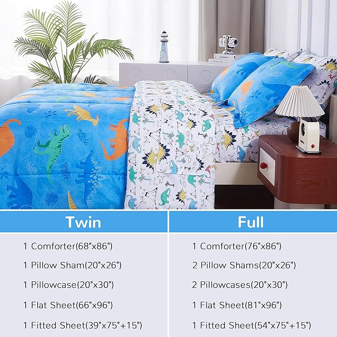 Viviland Kids Full Bedding Sets for Boys, Soft Full Comforter Set with Sheets, 7 Pieces Microfiber Bed in a Bag, Blue Dinosaur