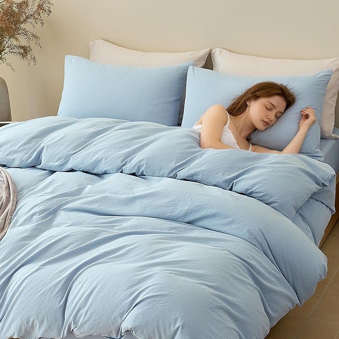 JELLYMONI Duvet Cover Queen Size - 100% Washed Cotton Comforter Cover with Linen-Like Texture, Breathable & Soft Bedding for Modern Home, Guest Room and Everyday Use,1 Duvet Cover & 2 Pillowcases