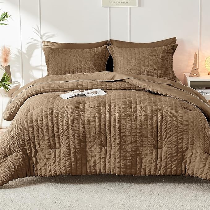 HYMOKEGE Brown California King Comforter Set Seersucker 7 Pieces, All Season Luxury Bed in a Bag for Bedroom, Bedding Set with Comforter, Sheets, Pillowcases & Shams