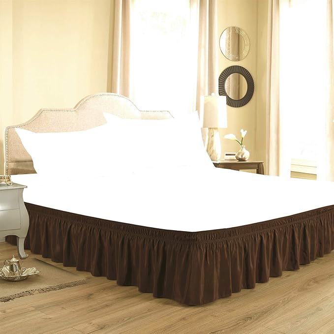 Bed Skirt - Wrap Around Bed Skirts Elastic Dust Ruffles, Easy Fit Wrinkle and Fade Resistant Luxurious Fabric Solid Color, Brown Full XXL Size Beds 15 Inch Drop
