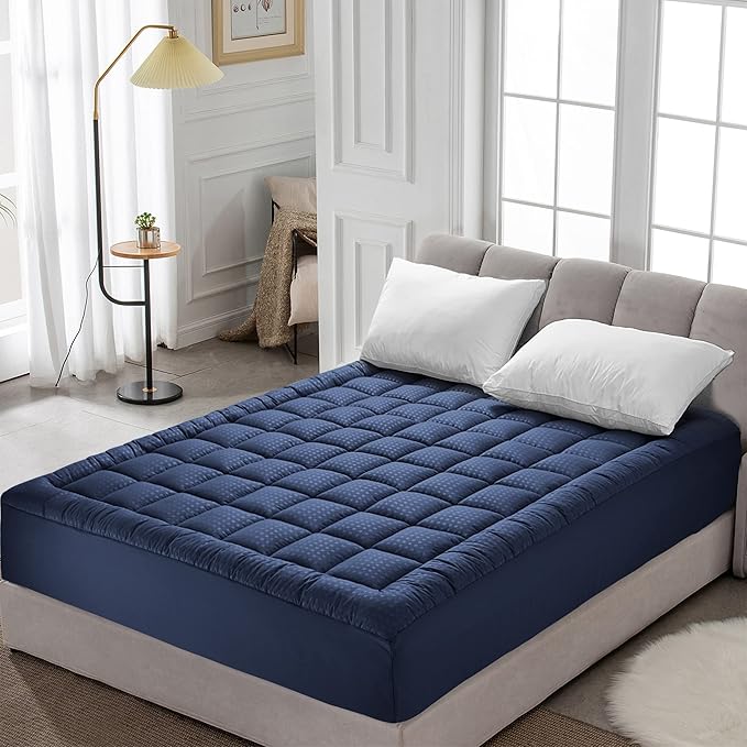 HYLEORY King Mattress Pad Quilted Fitted Mattress Protector Cooling Pillow Top Mattress Cover Breathable Fluffy Soft Mattress Topper with 8-21" Deep Pocket, Navy