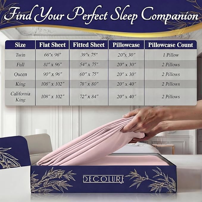 DECOLURE 100% Viscose Derived from Bamboo Sheets Queen Size - Luxury 4 Pc Naturally Cooling Sheets, Ultra Soft Bed Set - Deep 17" Pockets, Durable Double Stitching, Oeko Tex Standard (Light Pink)