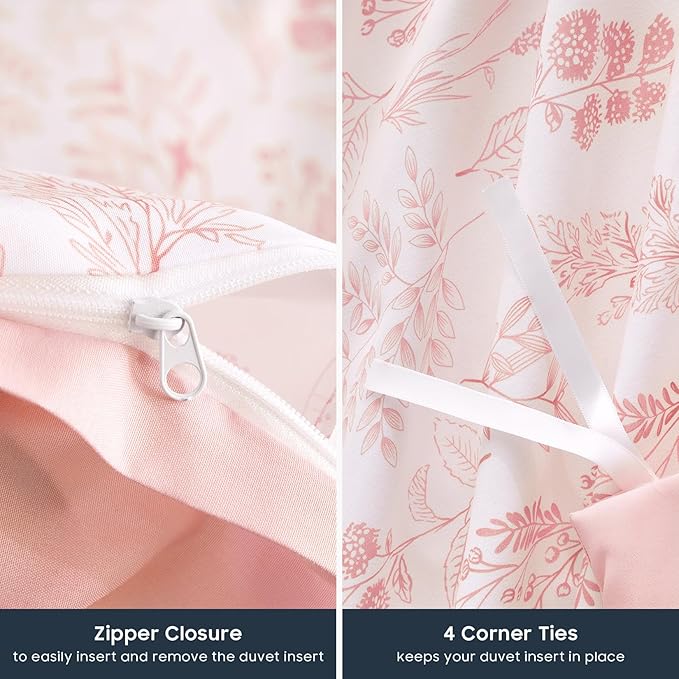 Wake In Cloud - Floral Duvet Cover Set, Botanical Vintage Flower Coquette Cottagecore Aesthetic for Women Teen Girls, Soft Lightweight Bedding, 3-Piece, Blush Pink, Queen Size