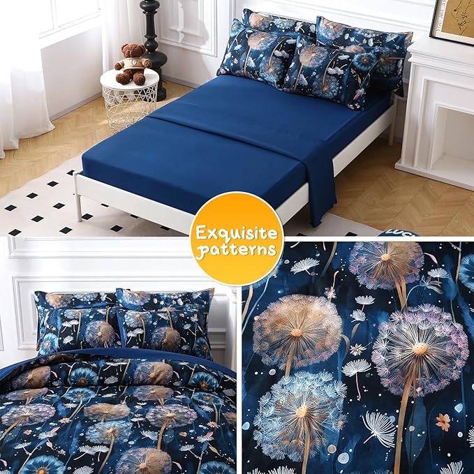Glow in The Dark Kids Comforter Set, 5 Pieces Blue Dandelion Bedding Set Twin Size for Boys Girls Teen, 1 Comforter, 2 Pillowcases, 2 Pillow Shams, 1 Flat Sheet, 1 Fitted Sheet