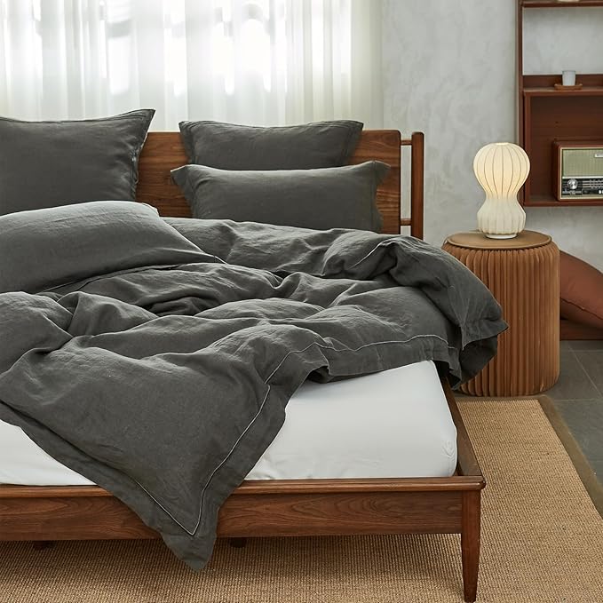 Simple&Opulence 100% Washed Linen Duvet Cover with Embroidered, 2 Pieces Soft Farmhouse Comforter Set with Button Closure,1 Duvet Cover and 1 Pillowsham(Twin,Charcoal Grey)