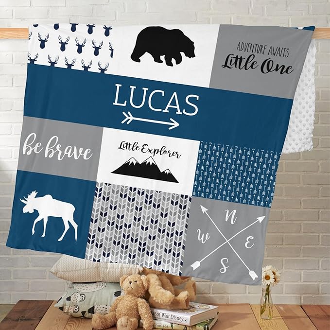 Custom Bear Baby Blanket for Boy, Litter One Blanket with Name - 35 x 45 Blankets with Double Layer Dotted Backing - Shower Gifts for Nursery - Essential Baby Stuff, Dark Slate Blue
