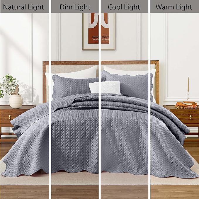 IR Imperial Rooms Queen Quilt Bedding Set Size (90" x 96") + 2 Pillow Shams (20" x 26"+ 2") - 3 Pcs All Season Lightweight Reversible Microfiber Coverlet Embossed Quilt Bedspread (Silver)