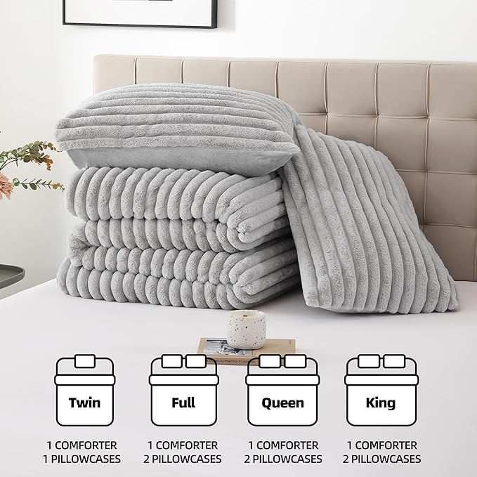 Smoofy Fluffy Twin Comforter Sets 2 Pieces - Light Grey Fleece Fluffy Comforter Set, Luxury Fuzzy Twin Bedding Set, Soft Warm Comforter All Season, Heavy Faux Fur Comforter with Pillow Cases
