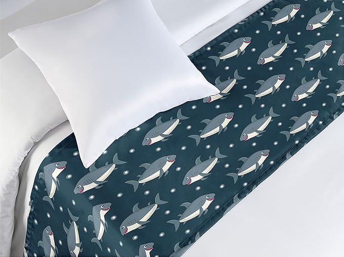 Lunarable Baby Shark Bed Runner, Repetitive Illustration Cartoon Big Fish and Dots, Decorative Accent Bedding Scarf for Hotels Homes and Guestrooms, Twin, Taupe Warm Taupe