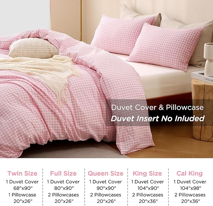 TOCOMOA Pink Gingham Duvet Cover Bedding Set 100% Washed Cotton Like Linen Feel Super Soft Comfortable 3 Piece Cute Plaid Checkered Comforter Cover Set (Full 80"x90", Comforter Not Included)
