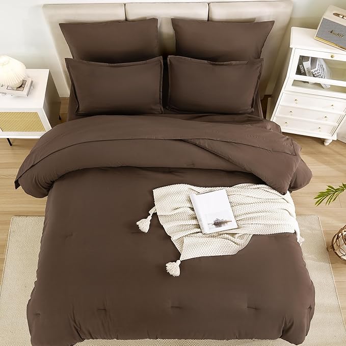 Litanika California King Comforter Set Brown - 7 Pieces Bed in a Bag Cal King Bedding Comforter Sets, Plain Lightweight Bed Set with Comforter, Sheets, Pillowcases & Shams
