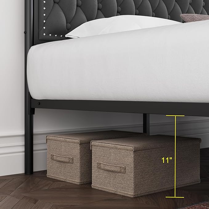 Keyluv Queen Upholstered Canopy Bed Frame with 2 Drawer and Button Tufted Headboard Metal Platform Bed with 4 Removable Posts Two-Purpose Velvet Bed No Box Spring Needed Dark Grey/Curtain Not Included