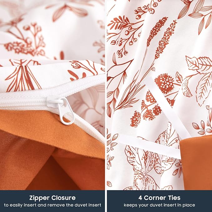 Wake In Cloud - Floral Duvet Cover Set, Botanical Vintage Flower Coquette Cottagecore Aesthetic for Women Teen Girls, Soft Lightweight Bedding, 3-Piece, Terracotta, Queen Size
