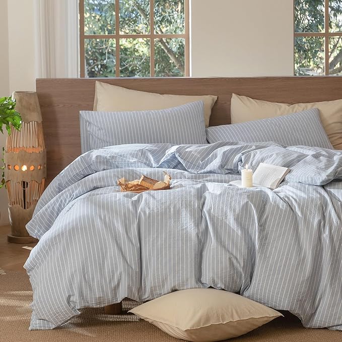MooMee Striped Duvet Cover Set 100% Washed Cotton Linen Like Textured Breathable Durable Soft Comfy (Cornflower Blue White Wide Stripes, Cal King 104"x98")