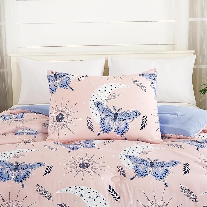 Chezmoi Collection 3-Piece Mystical Butterfly Kids Bedding Set Twin Size - Pink Lavender Blue White Soft Microfiber Comforter Set w/Butterfly Throw Pillow for Kids Teens