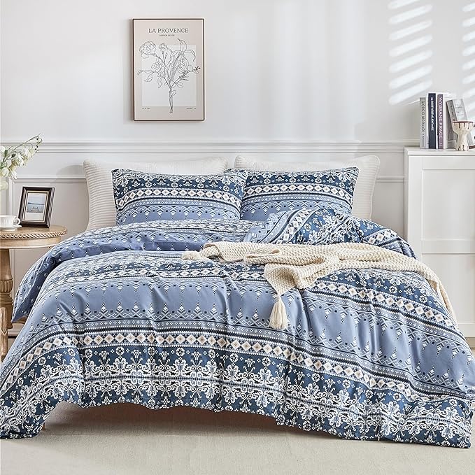 Lekesky Boho Duvet Cover Queen Size, Blue Comforter Cover Queen Size White Geometric Floral Printed Duvet Set, 3 Pieces Soft Microfiber Bedding Set with Zipper Ties (Queen, 90"x90")