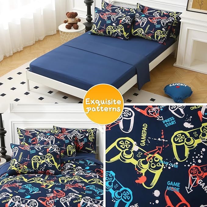 Glow in The Dark Kids Comforter Set, 5 Pieces Gamepad Bedding Set Twin Size for Boys Girls Teen, 1 Comforter, 1 Pillowcase, 2 Pillow Shams