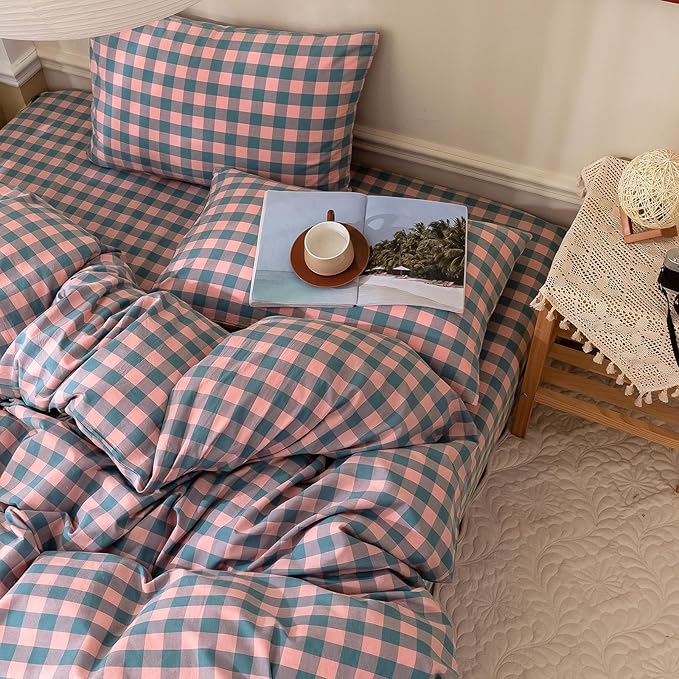 LifeTB Reversible Plaid Duvet Cover Twin Modern Soft Purple Pink Plaid Comforter Cover 3 Pieces 100% Washed Cotton Bedding Set Twin Cozy Linen Feel Buffalo Grid Duvet Cover with Zipper Closure