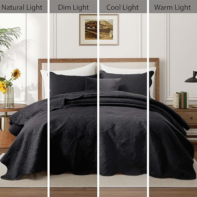 IR Imperial Rooms California King Quilt Bedding Set Size (118"x106") + 2 Pillow Shams (20" x 36"+ 2") - 3 Pcs All Season Reversible Microfiber Coverlet Embossed Floral Quilt Bedspread (Black)