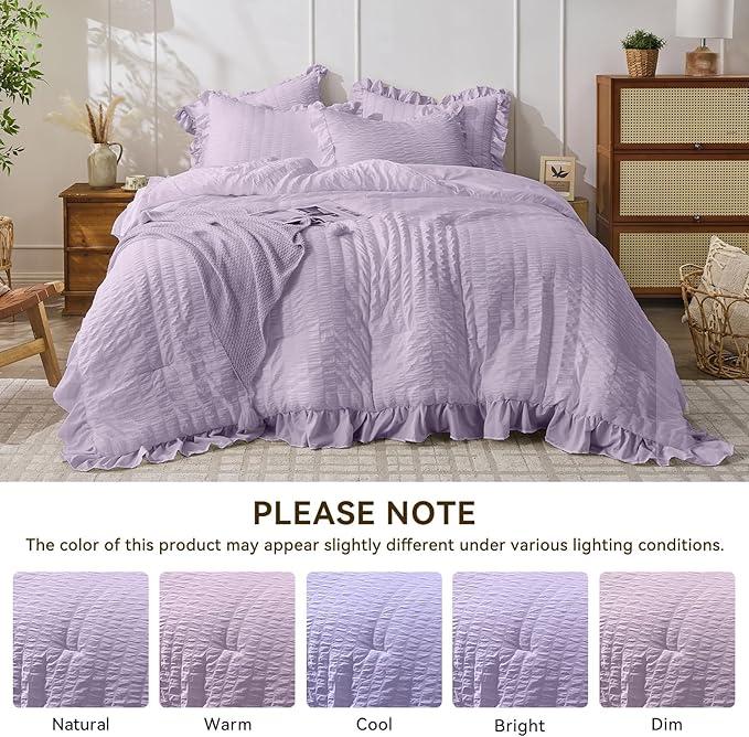 JOLLYVOGUE Lavender Comforter Full Size, 3 Pieces Seersucker Lightweight Full Size Bedding, All Season Fluffy Microfiber Bedding Comforter Set with 1 Ruffle Comforter and 2 Ruffle Pillowshams