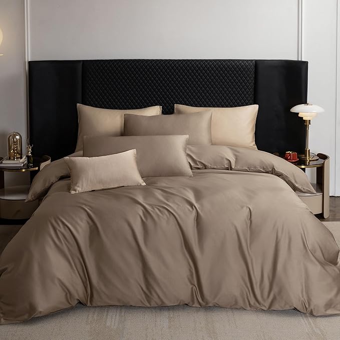 MooMee Duvet Cover Set 100% Extra Long Staple Cotton 600 Thread Count Silky Sateen Smooth Luxury Soft Breathable Durable Hotel Quality Bedding, 3 Pieces (Mocha Brown, Super King 108"x98")