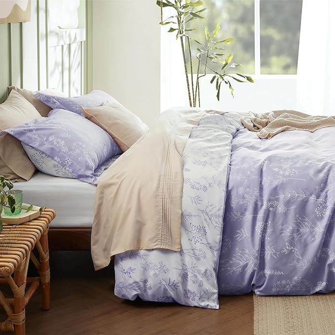 Bedsure Duvet Cover King Size - Reversible Lilac Purple King Duvet Cover Set with Zipper Closure, 3 Pieces Floral Patterned Bedding Set with 8 Corner Ties and 2 Pillow Shams