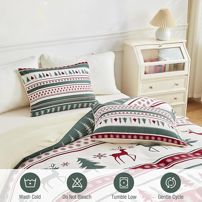 Lekesky Duvet Cover Queen Size,3 Pieces Reversible White Reindeer Snowflake Green Bedding Set with Zipper Closure and Corner Ties(1 Duvet Cover 90x90 inches + 2 Pillowcases)