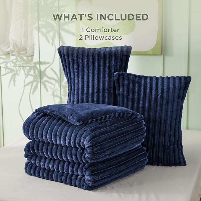 Bedsure King Size Comforter Set - GentleSoft™ 3 Pieces Fluffy Double-Side Fleece Comforter Set, Cozy Striped Room Decor Aesthetic, Luxury Navy King Bedding with 2 Pillowcases, 104x90 Inches