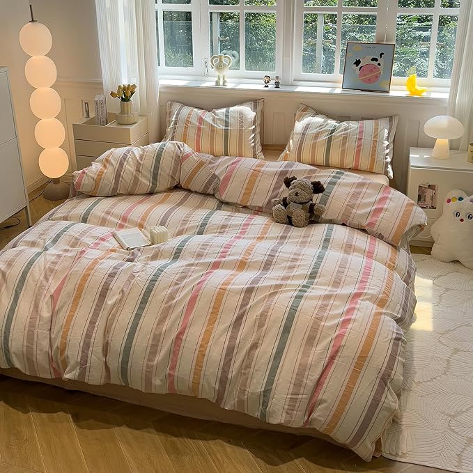 mixinni Vintage Striped Duvet Cover Set Twin Size, 3-Piece 100% Washed Cotton Bedding Set - Soft & Breathable Colorful Comforter Cover with Zipper, All-Season Lightweight Bed Set for Cozy Home