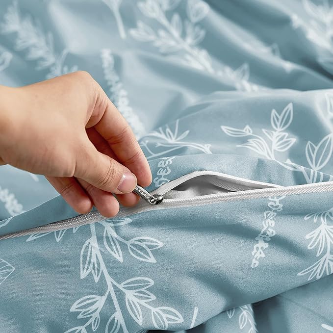 MUXHOMO Duvet Cover Full Size, Reversible Floral Mineral Blue Duvet Cover Set with Zipper Closure, 3 Pieces Botanical Patterns Soft Microfiber Bedding Set with 4 Ties (80"x90", 2 Pillow Cases)