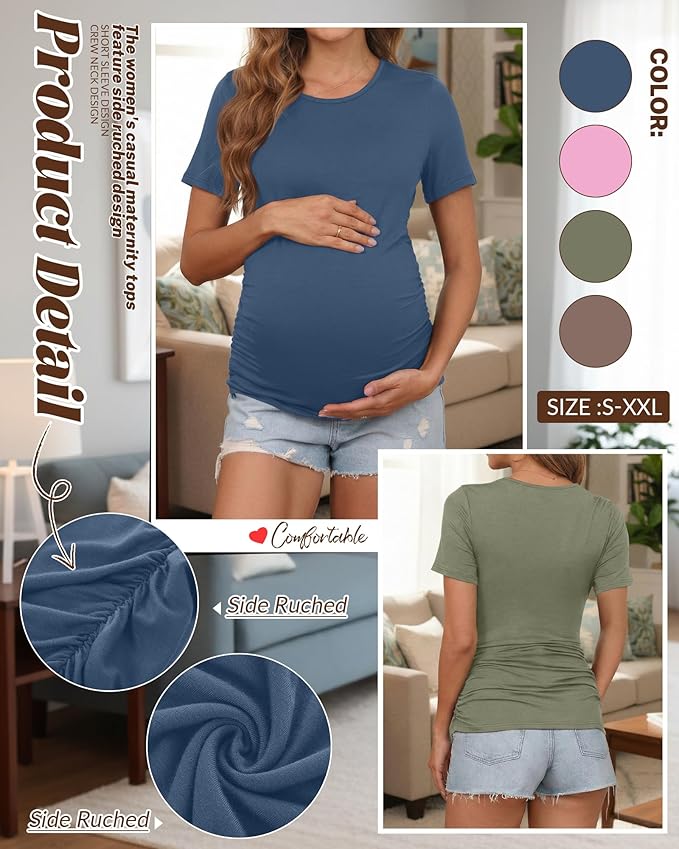 Huukeay 4 Pack Women's Maternity Shirts, Crew Neck Maternity Top Short Sleeve Casual Cotton Tee Side Ruched Pregnancy Clothes