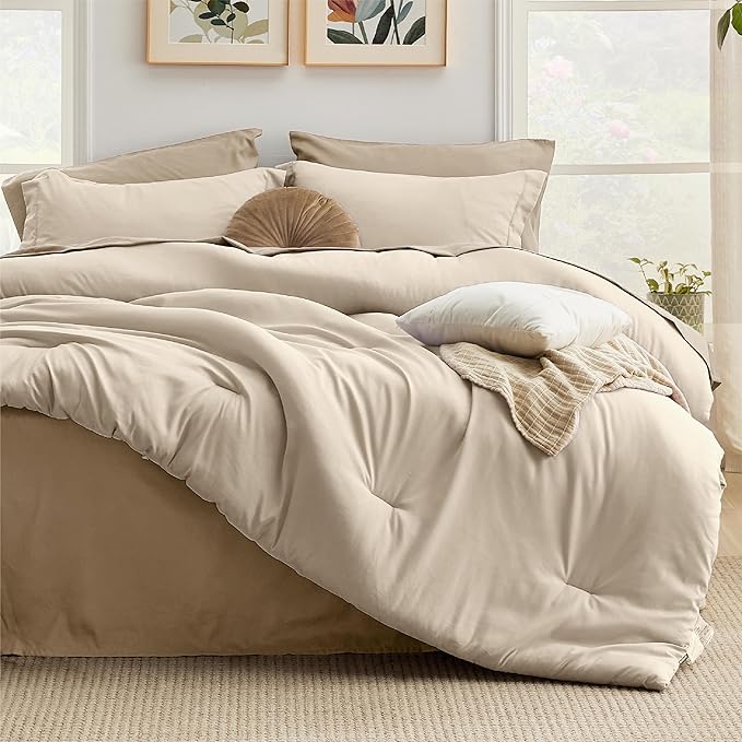 Bedsure Queen Comforter Set - 7 Pieces Light Beige Queen Bedding Set for All Seasons, Boho Contrasting Design Bed in a Bag with Comforter, Sheets, Pillowcases & Shams