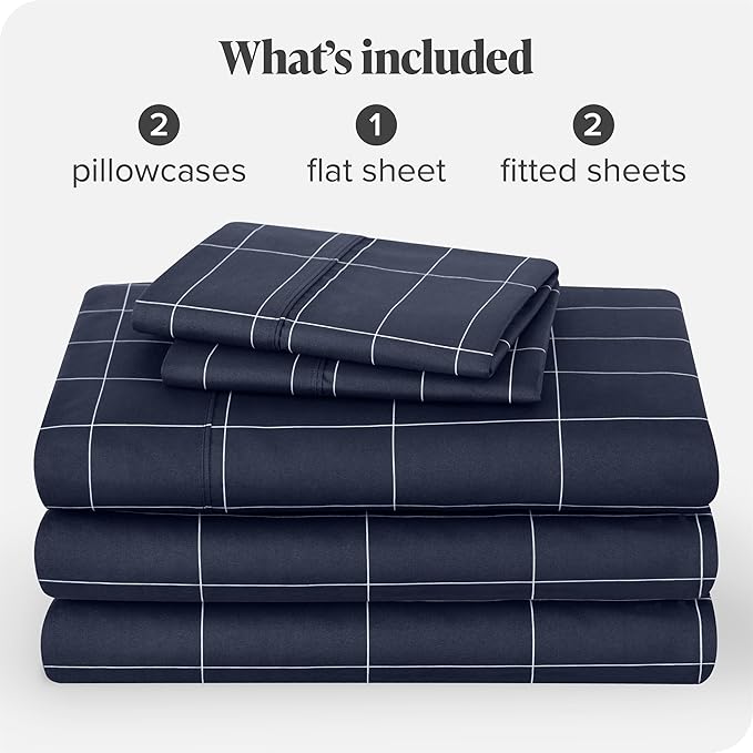 Bare Home Split King Sheet Set - 1800 Ultra-Soft Microfiber Double Brushed - Deep Pockets - Easy Fit - 5 Piece Set - Bed & Pillowcases (Split King, Grid - Midnight/White)