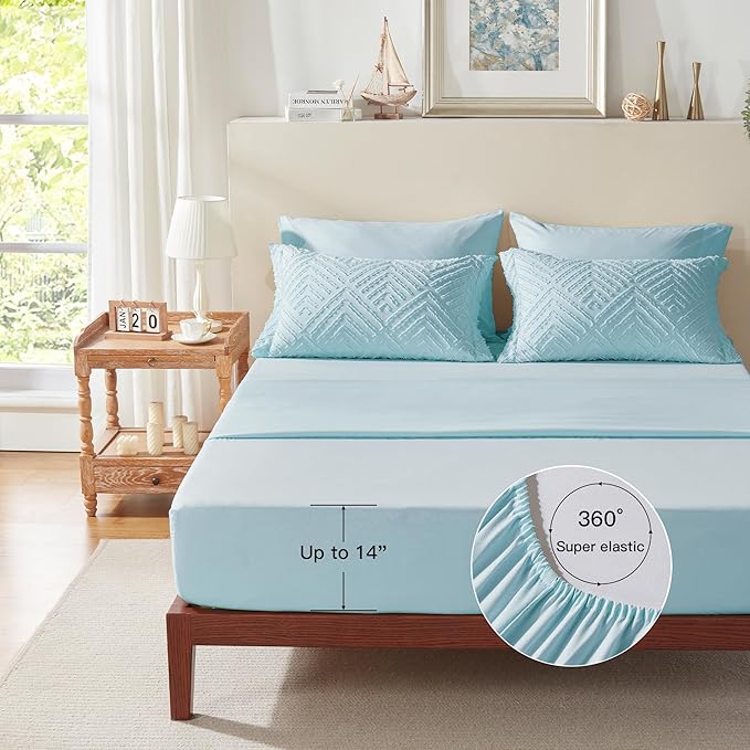 Zzlpp King Comforter Set 7 Pieces, Light Blue Tufted Bed in a Bag with Comforter and Sheets, All Season Boho Bedding Sets with Comforter, 2 Pillow Shams, 2 Pillowcases, 1 Flat Sheet, 1 Fitted Sheet