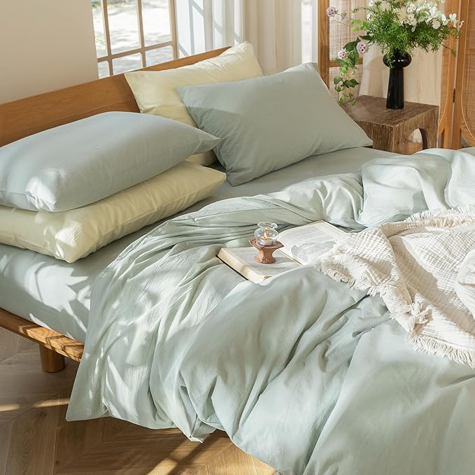 MooMee Bedding Duvet Cover Set 100% Washed Cotton Linen Like Textured Breathable Durable Soft Comfy (Heathered Sage Green, King 104"x90")
