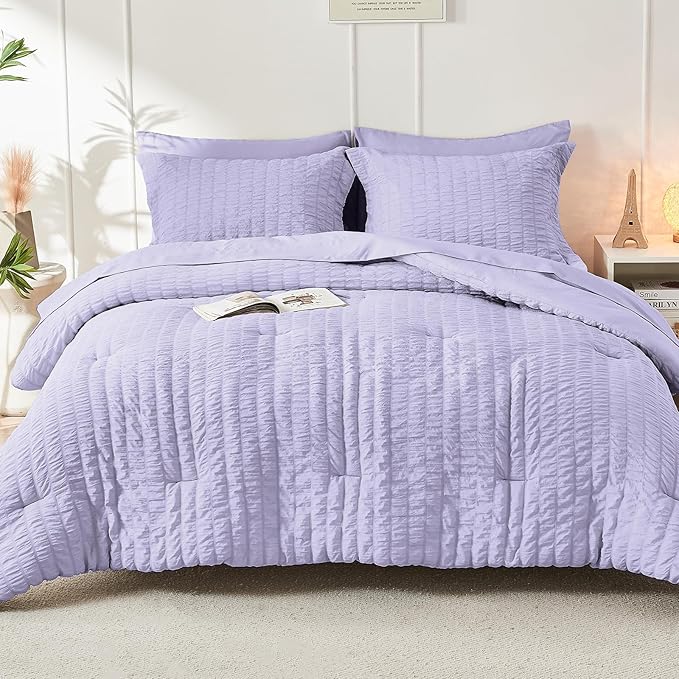 HYMOKEGE Light Purple Queen Comforter Set Seersucker 7 Pieces, All Season Luxury Bed in a Bag Queen for Bedroom, Bedding Set with Comforter, Sheets, Pillowcases & Shams
