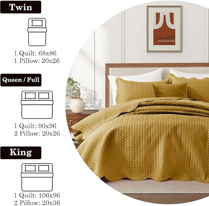 IR Imperial Rooms King Quilt Bedding Set Size (106" x 96") + 2 Pillow Shams (20" x 36"+ 2") - 3 Pcs All Season Lightweight Reversible Microfiber Coverlet Embossed Quilt Bedspread (Ochre)