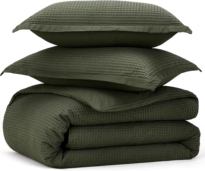 Bedsure Cotton Duvet Cover Set - 100% Cotton Waffle Weave Olive Green Duvet Cover Oversized King Size, GentleSoft™ and Breathable Bedding Set for All Season, 3 Pieces, 120"x98"